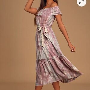 Lulu's Dazed Purple Multi Tie-Dye Ruffled Off-the-Shoulder Midi Dress